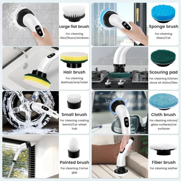 9-in-1 Cordless Electric Spin Scrubber – Power Cleaning Brush with Adjustable Extension Handle & 9 Replaceable Heads for Bathroom, Tub, and Tile