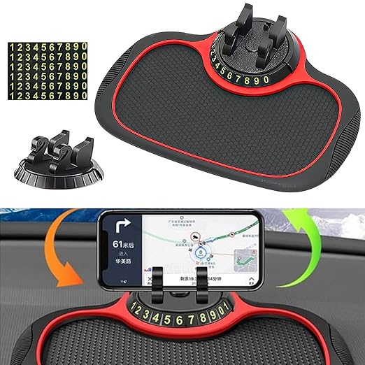 3-in-1 Car Dashboard Anti-Slip Mat – Non-Slip Silicone Sticky Pad with 360° Rotating Phone Holder & Temporary Parking Number