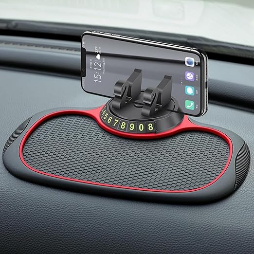 3-in-1 Car Dashboard Anti-Slip Mat – Non-Slip Silicone Sticky Pad with 360° Rotating Phone Holder & Temporary Parking Number
