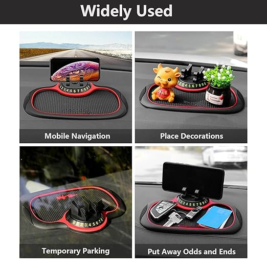 3-in-1 Car Dashboard Anti-Slip Mat – Non-Slip Silicone Sticky Pad with 360° Rotating Phone Holder & Temporary Parking Number