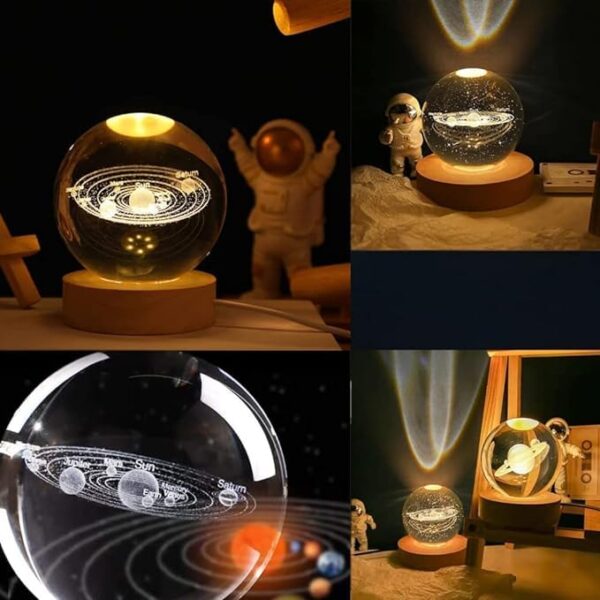 3D Solar System Crystal Ball Night Light – Luminous Astronomy Lamp with Warm LED Wooden Base for Home Decor & Gifts