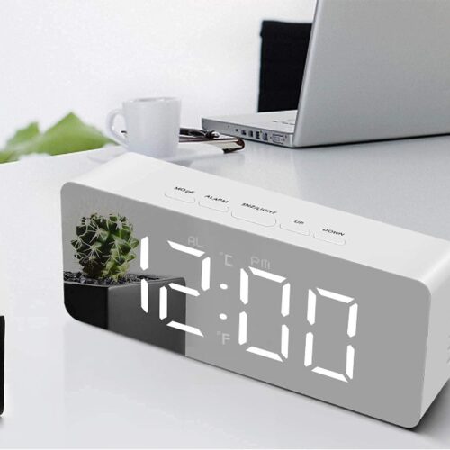 Modern LED Digital Alarm Clock with Mirror Display – Large Number Table Clock with Temperature & Snooze for Bedroom, Office, and Desk