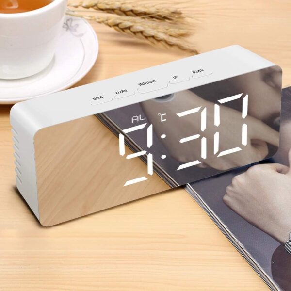 Modern LED Digital Alarm Clock with Mirror Display – Large Number Table Clock with Temperature & Snooze for Bedroom, Office, and Desk