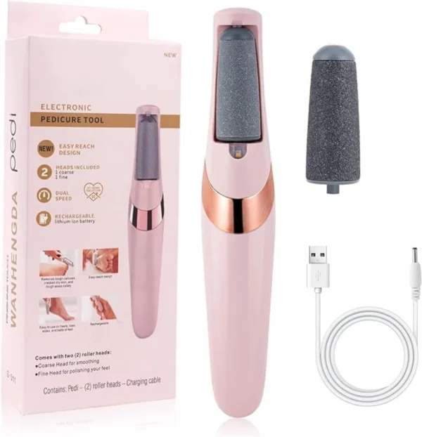 Rechargeable Electric Foot File Callus Remover – Professional Pedicure Wand Tool with Dual Speeds & 2 Roller Heads